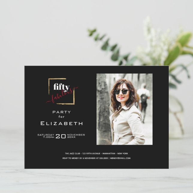 50 und fabelhaftes Black and Gold Foto Einladung (Stehend Vorderseite)