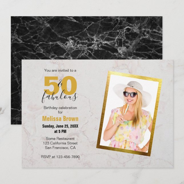 50 und fabelhaftes Foto Marmor Gold Moderne Geburt Einladung (Vorne/Hinten)