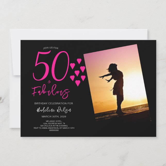 50 und fabelhaftes Foto Pink Black Hearts 50. Einladung (Vorderseite)