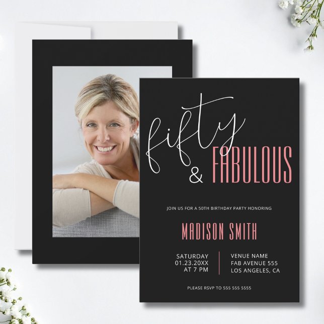 50 und fabelhaftes Foto Schwarz und Rosa 50. Gebur Einladung (50 and Fabulous Photo Black and Pink 50th Birthday Invitation)