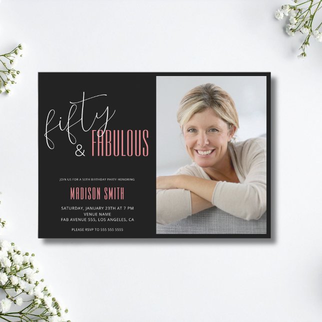 50 und fabelhaftes Foto Schwarz und Rosa 50. Gebur Einladung (50 and Fabulous Photo Black and Pink 50th Birthday Invitation)
