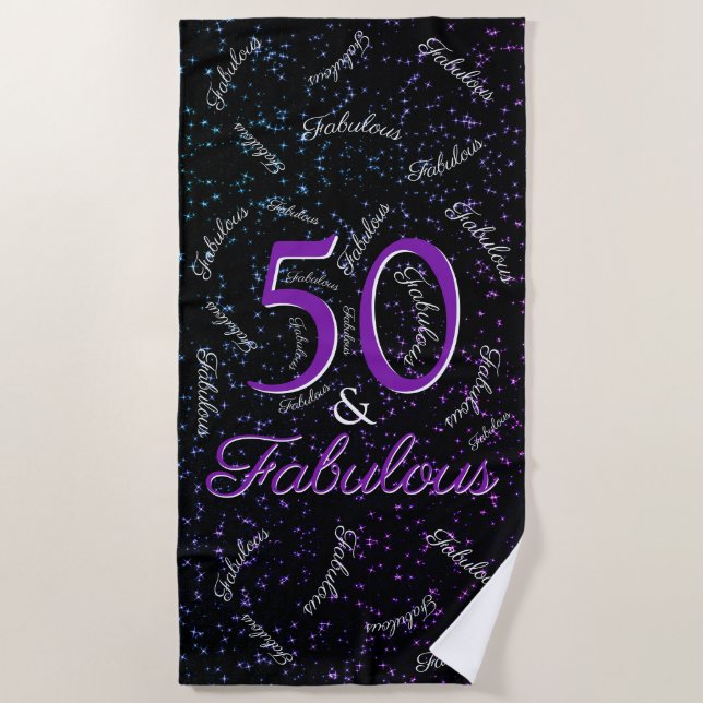50 und fabelhaftes Geburtstag Schwarzes Lila Elega Strandtuch (Vorderseite)