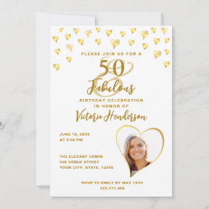 50 und fabelhaftes Glam White und Gold Foto Geburt Einladung