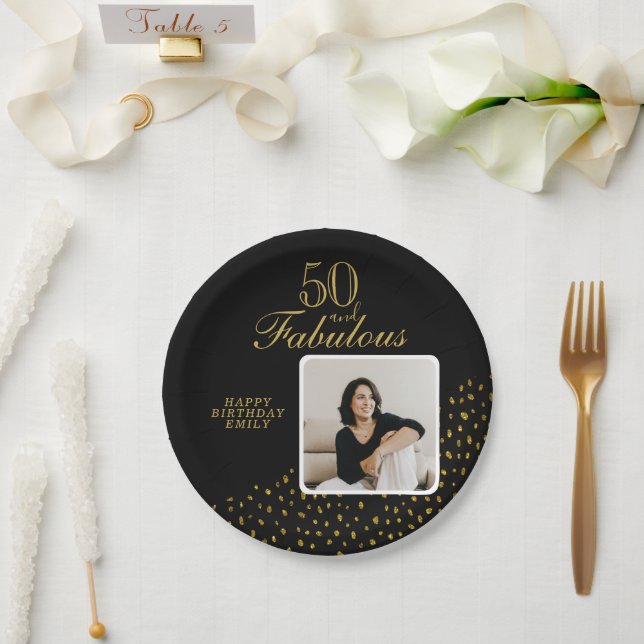 50 und fabelhaftes Gold Glitzer Foto 50. Geburtsta Pappteller (Hochzeit)