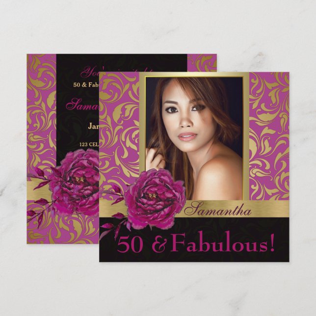 50 und fabelhaftes Lila Gold Damask Foto Geburtsta Einladung (Vorne/Hinten)