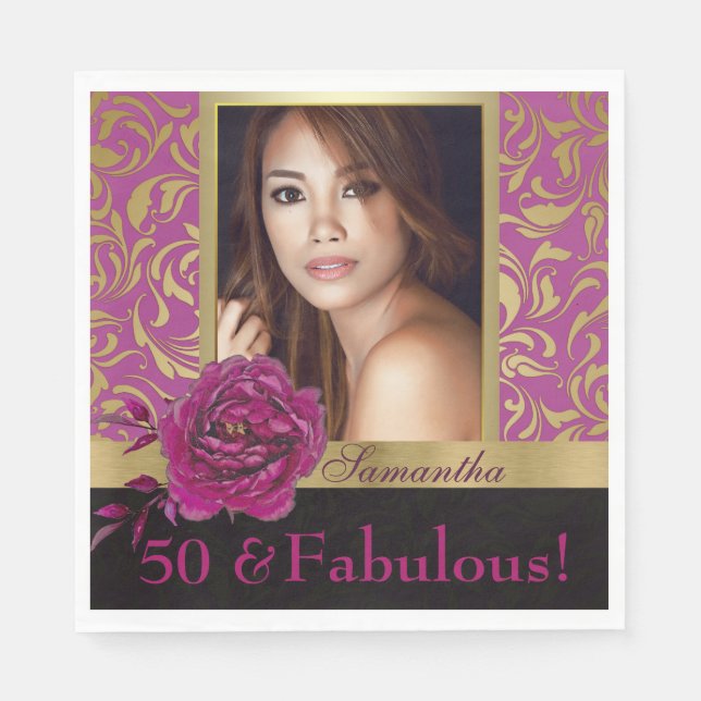 50 und fabelhaftes Lila Gold Damask Foto Geburtsta Serviette (Vorderseite)
