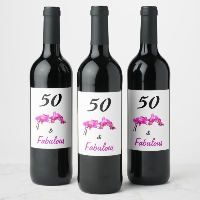 50 und fabelhaftes Rosa auf weißem, elegantem orch Weinetikett (Flaschen)