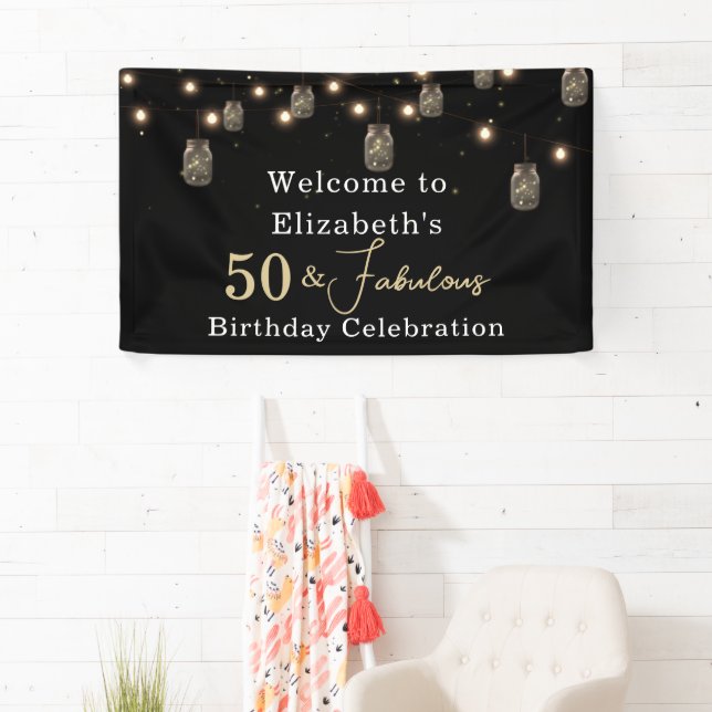 50 und fabelhaftes Schwarz mit String Lights Banner (Insitu)