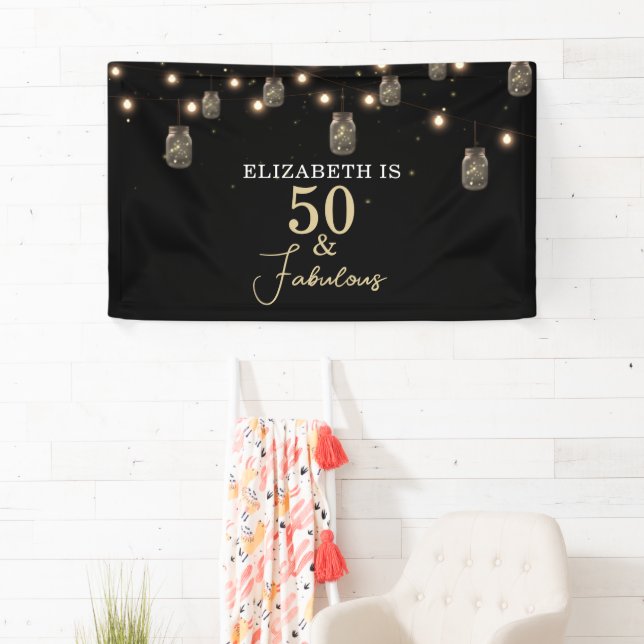 50 und fabelhaftes Schwarz mit String Lights Banner (Insitu)