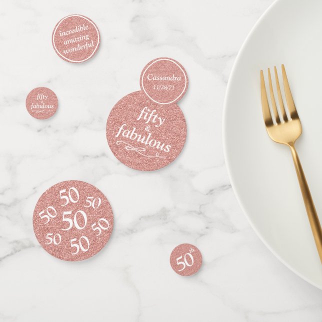 50 und fabelhaftes Weiß auf Rose Gold Glitzer Konfetti (Gruppe)