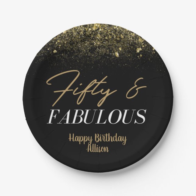 50 und Fablous Birthday Black/Gold Confetti Pappteller (Vorderseite)