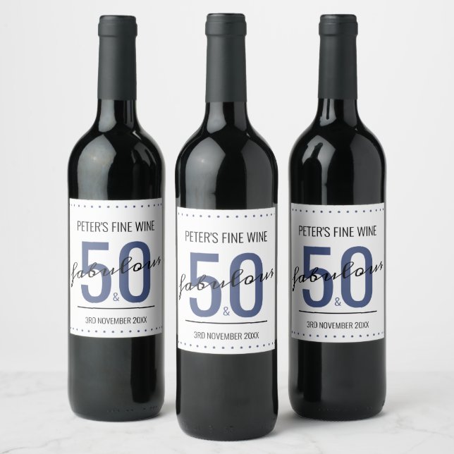 50 und Fabulous Birthday Blue Personalisiert Weinetikett (Flaschen)