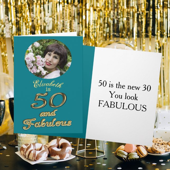50 und fabulous Birthday Gold Aquamarin Blue 50. N Karte (50 and Fabulous Birthday Gold Teal Blue 50th Name Card)