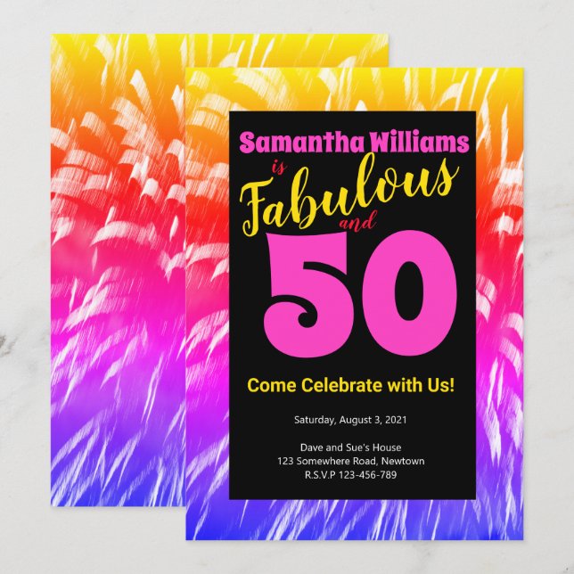 50 und Fabulous Birthday Rainbow Fireworks Einladung (Vorne/Hinten)