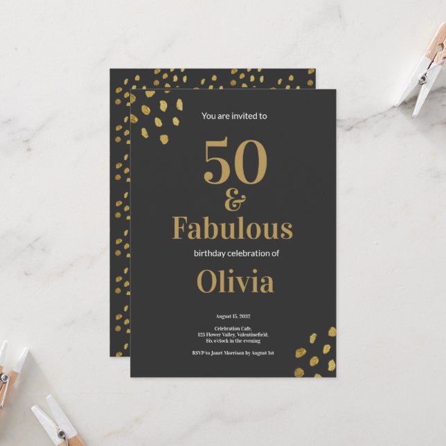50 und fabulous Black und Golden Birthday Invitati Einladung (Vorderseite/Rückseite Beispiel)