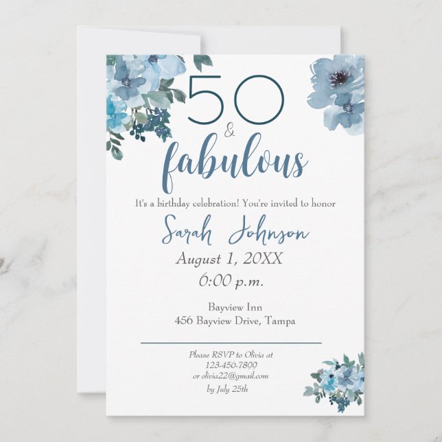 50 und fabulous Blue Floral Elegant Wasserfarbe Einladung (Vorderseite)