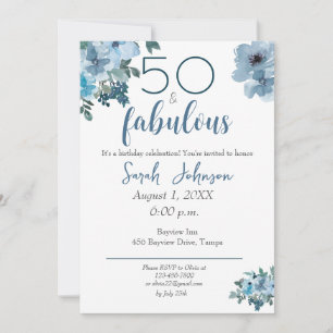 50 und fabulous Blue Floral Elegant Wasserfarbe Einladung
