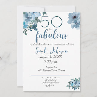 50 und fabulous Blue Floral Elegant Wasserfarbe Einladung