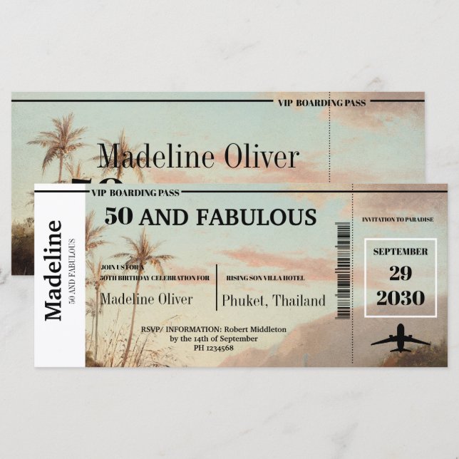50 und Fabulous Boarding Pass Tropical Birthday (Vorne/Hinten)