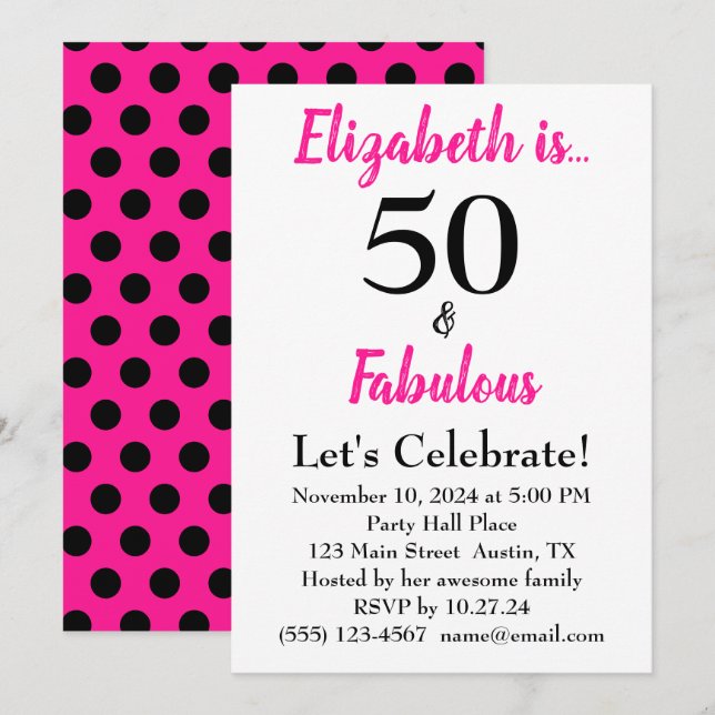 50 und fabulous Bold Pink mit schwarzen Polka Dots Einladung (Vorne/Hinten)