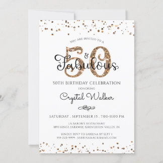 50 UND FABULOUS Elegantes Script Black Gold Confet Einladung