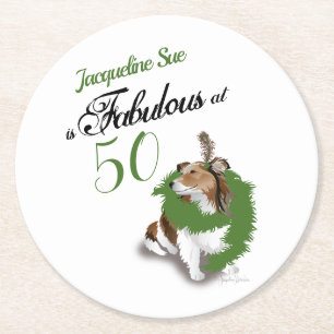 50 und Fabulous Geburtstag Sheltie Hund Grün Runder Pappuntersetzer