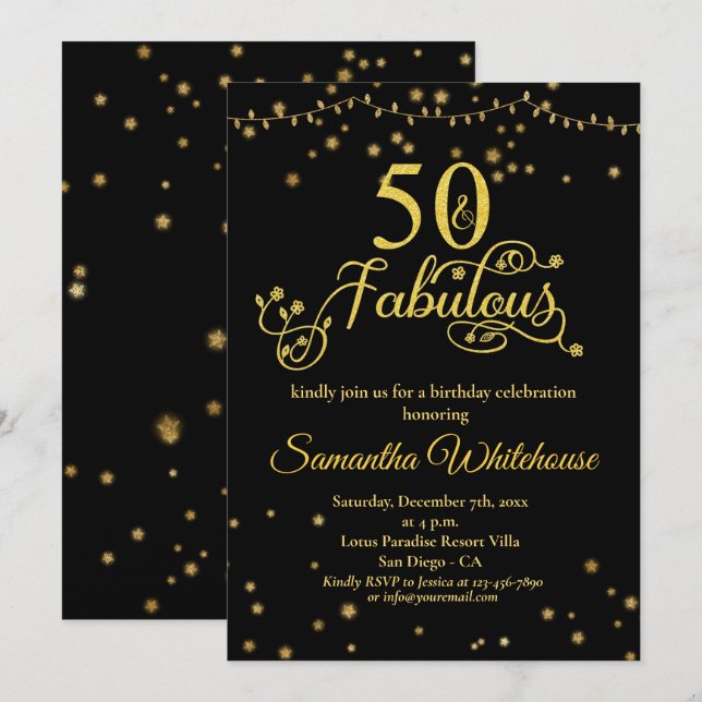 50 und fabulous Gold Black Glitzer    BirthdayInvi Einladung (Vorne/Hinten)