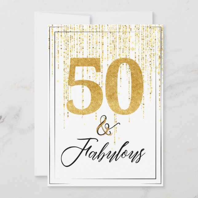 50 und Fabulous in Gold Glitzer Geburtstag Einladung (Vorderseite)
