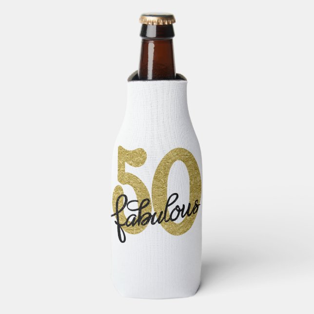 50 und Fabulous | Klassisches Gold Schwarz und Wei Flaschenkühler (Flaschenvorderseite)