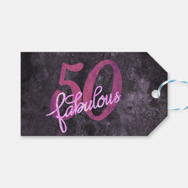 50 und Fabulous | Lila und rosa Grunge Geschenkanhänger (Vorderseite (Horizontal))