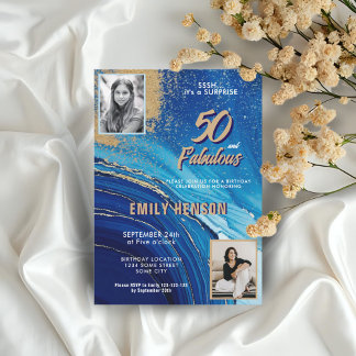 50 und Fabulous Marble Glitzer 2 Foto Geburtstag Einladung