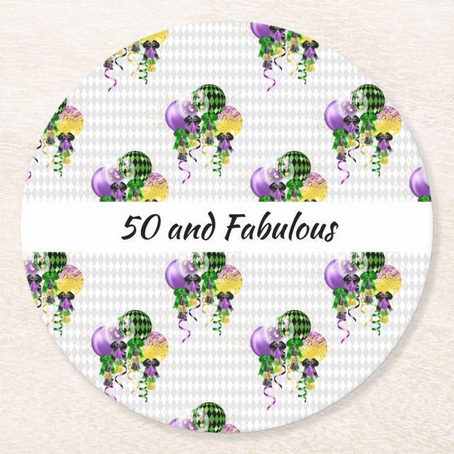 50 und Fabulous Mardi Gras Ballons Runder Pappuntersetzer (Vorderseite)
