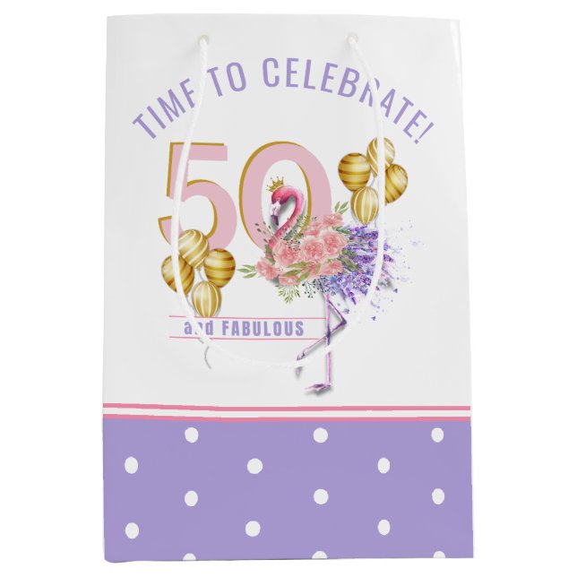 50 und Fabulous Pink Flamingo Mittlere Geschenktüte (Vorderseite)