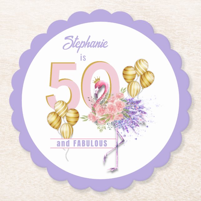 50 und Fabulous Pink Flamingo Papier Untersetzer (Vorderseite)