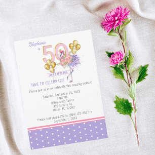 50 und Fabulous Pink Floral Flamingo Geburtstag Einladung