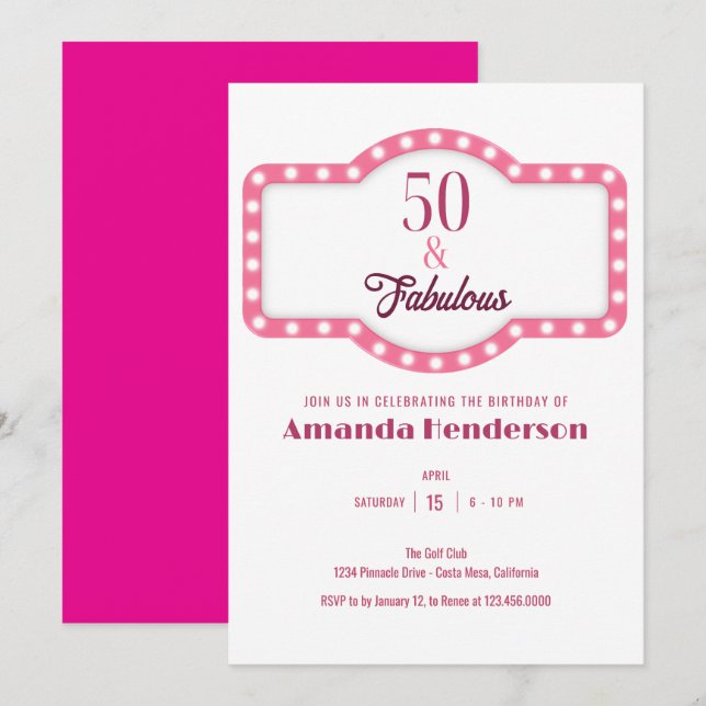 50 und Fabulous Pink Geburtstag Einladung (Vorne/Hinten)