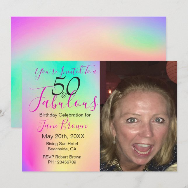 50 und Fabulous Rainbow Bunter Geburtstag Einladung (Vorne/Hinten)
