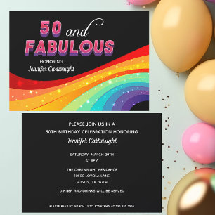 50 und Fabulous Regenbogen Glitzernder Rosa Text G Einladung