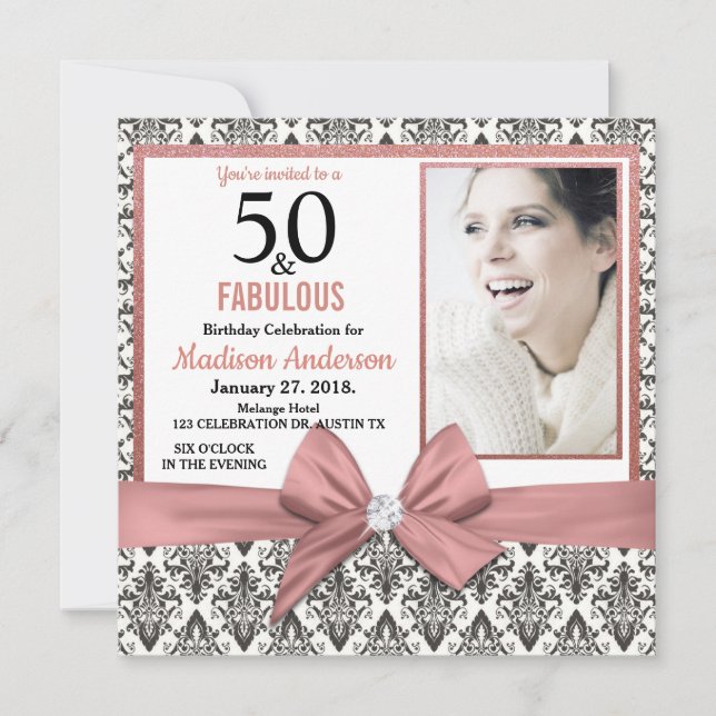 50 und Fabulous Rose Goldbug Damast 50. Geburtstag Einladung (Vorderseite)