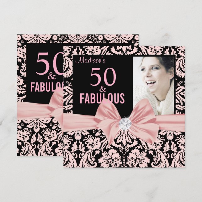 50 und Fabulous Stilvoll rosa Damastengebäck Gebur Einladung (Vorne/Hinten)