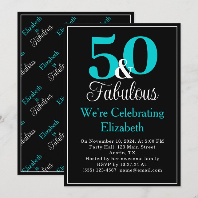 50 und fabulous Türkis Blue auf Schwarz Einladung (Vorne/Hinten)