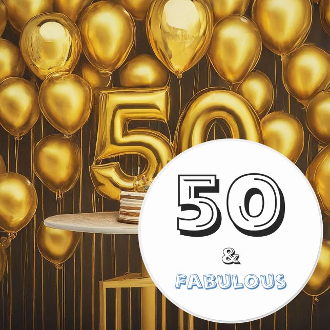 50 und Fabulous Typografy Birthday Runder Aufkleber (Sticker with Background)
