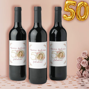 50 und Fantastisch Rosa Blumen Gold Foto Geburtsta Weinetikett