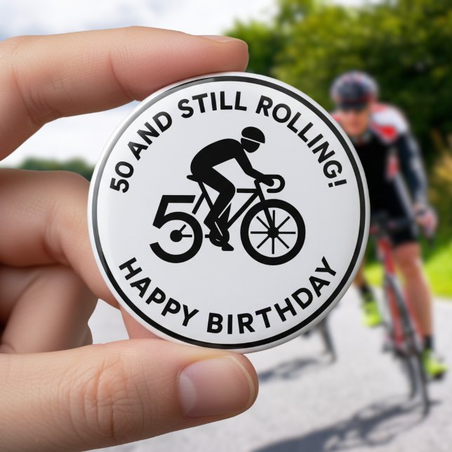 50 und immer noch rollender Radfahrer-Geburtstag R Button (Von Creator hochgeladen)