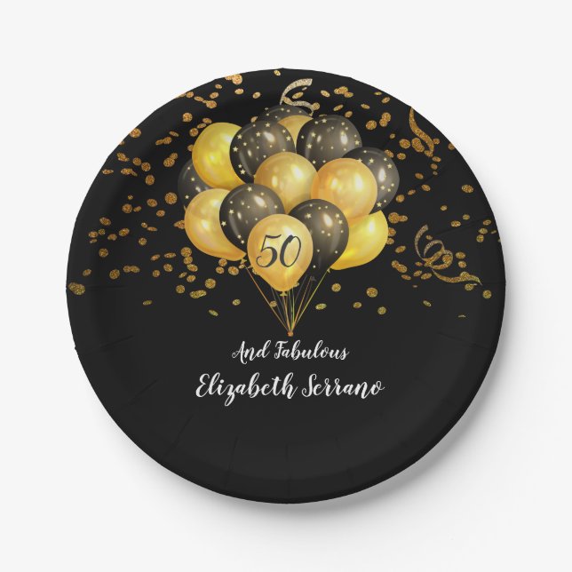 50 und prächtige Gold- und Black-Balloons Confetti Pappteller (Vorderseite)