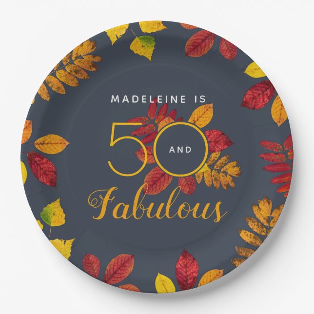 50 und üppige Herbstblätter Geburtstag Pappteller (Vorderseite)