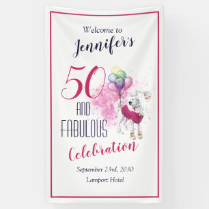 50 und üppiger rosa und weißer Hund Banner