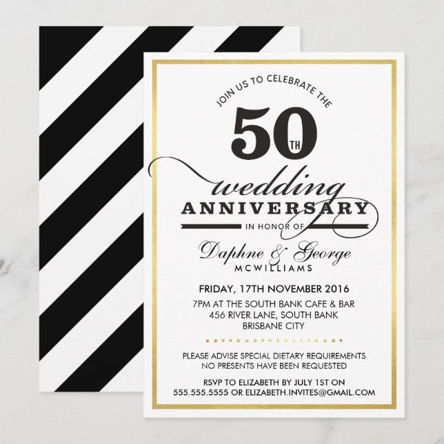 50. WEDDING ANNIVERSARY Klasse stilvolles Gold sch Einladung (Vorne/Hinten)