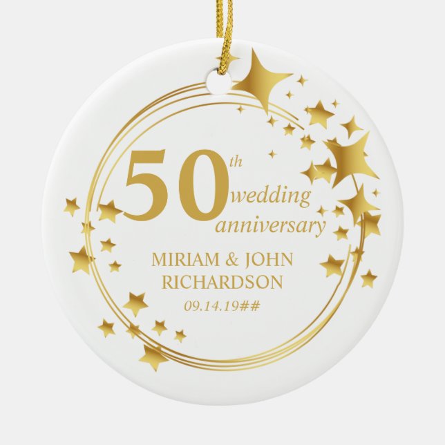 50. Wedding Foto Gold Star Wreath Personalisiert Keramik Ornament (Vorne)