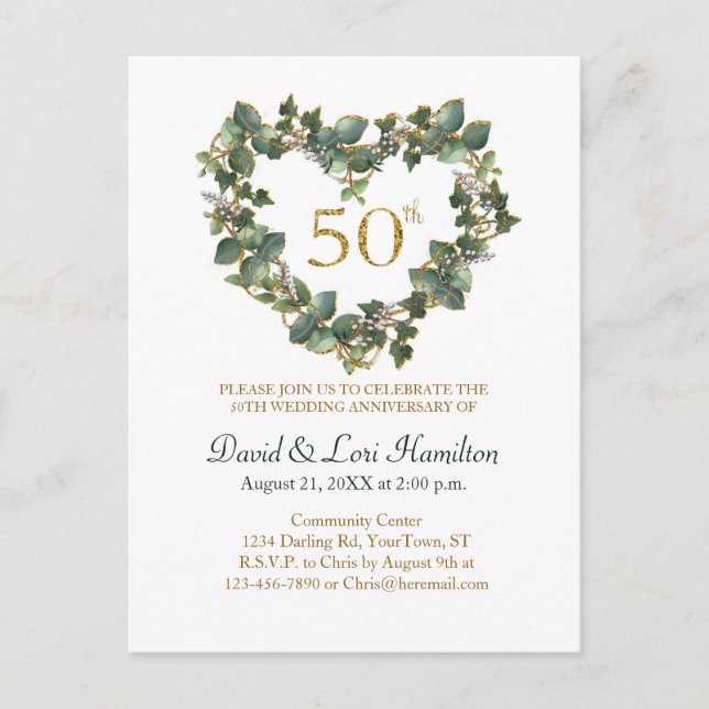 50. Wedding Watercolor Ivy Herzkranz Postkarte (Vorderseite)